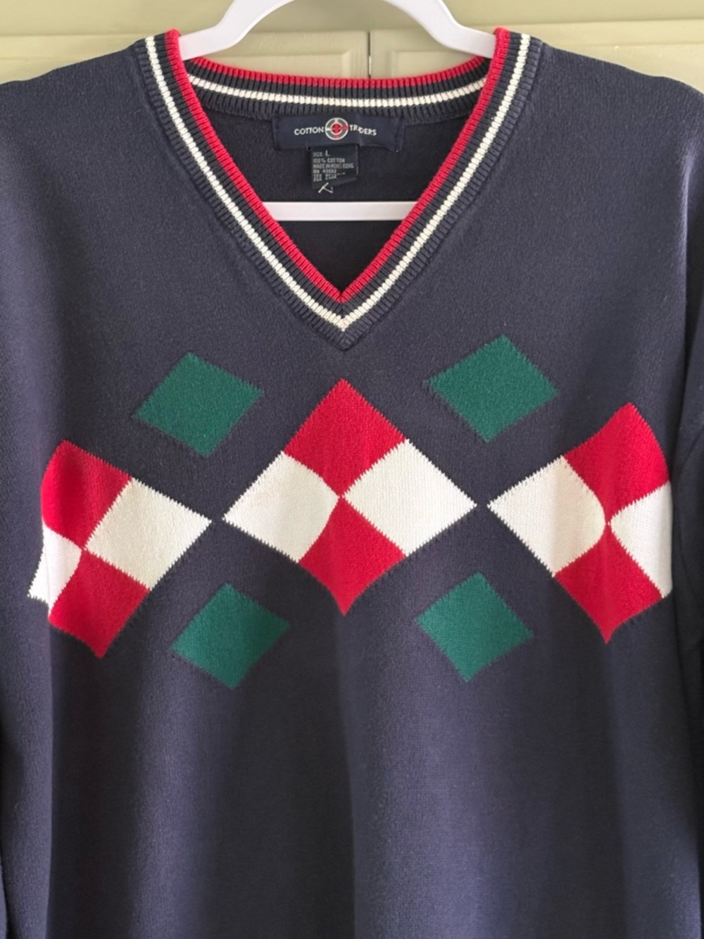 COTTON TRADERS Vintage Cotton Argyle V Neck  Sweater | Size Large